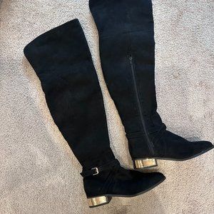 Women's Black Knee-High Faux Suede Boots w/ Gold Detail